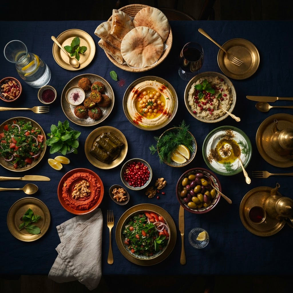 Table de mezze médio-orientaux dressée pour un événement